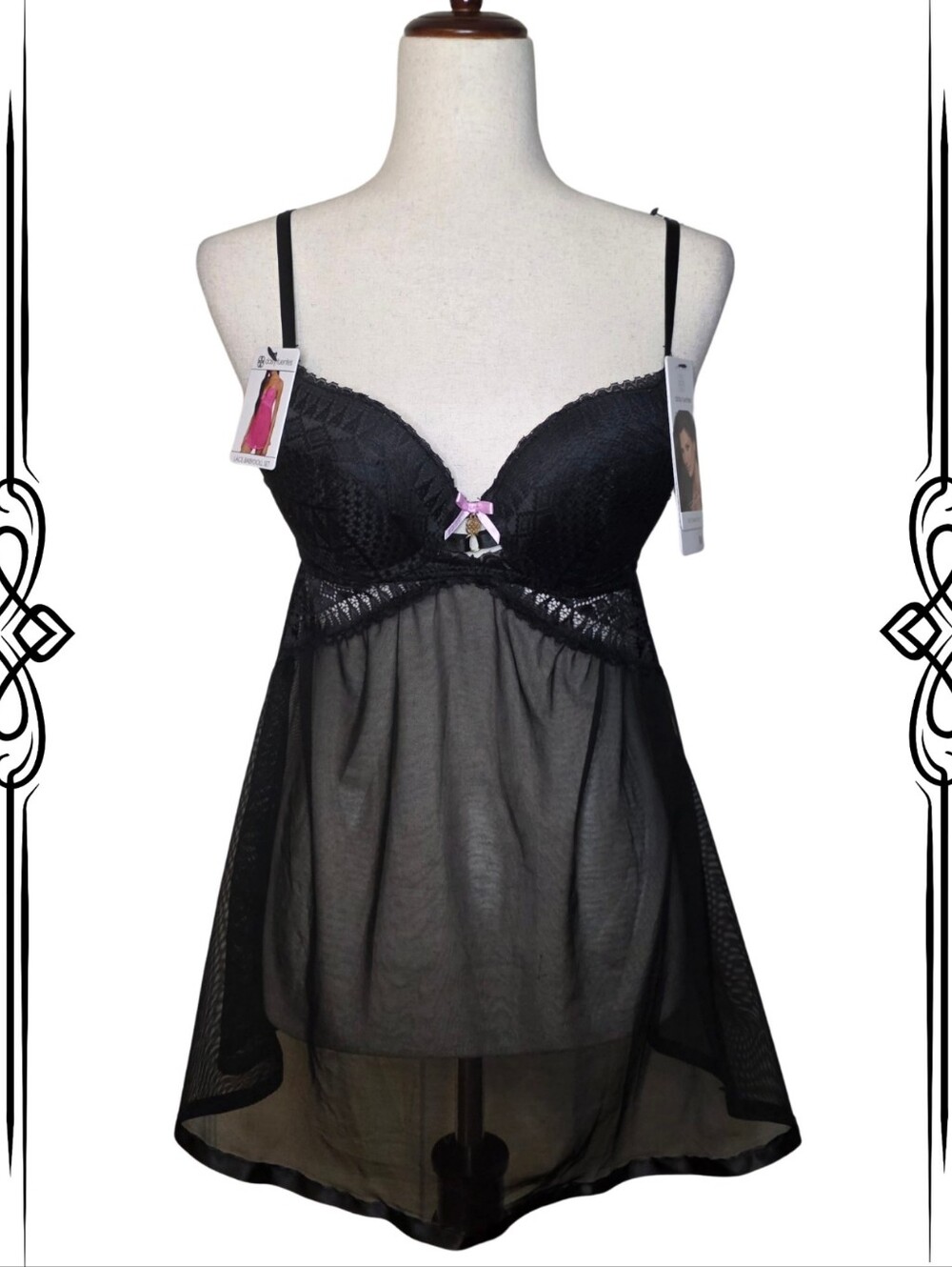 NWT Daisy's Fuentes Black & Pink Lace Babydoll Chemise